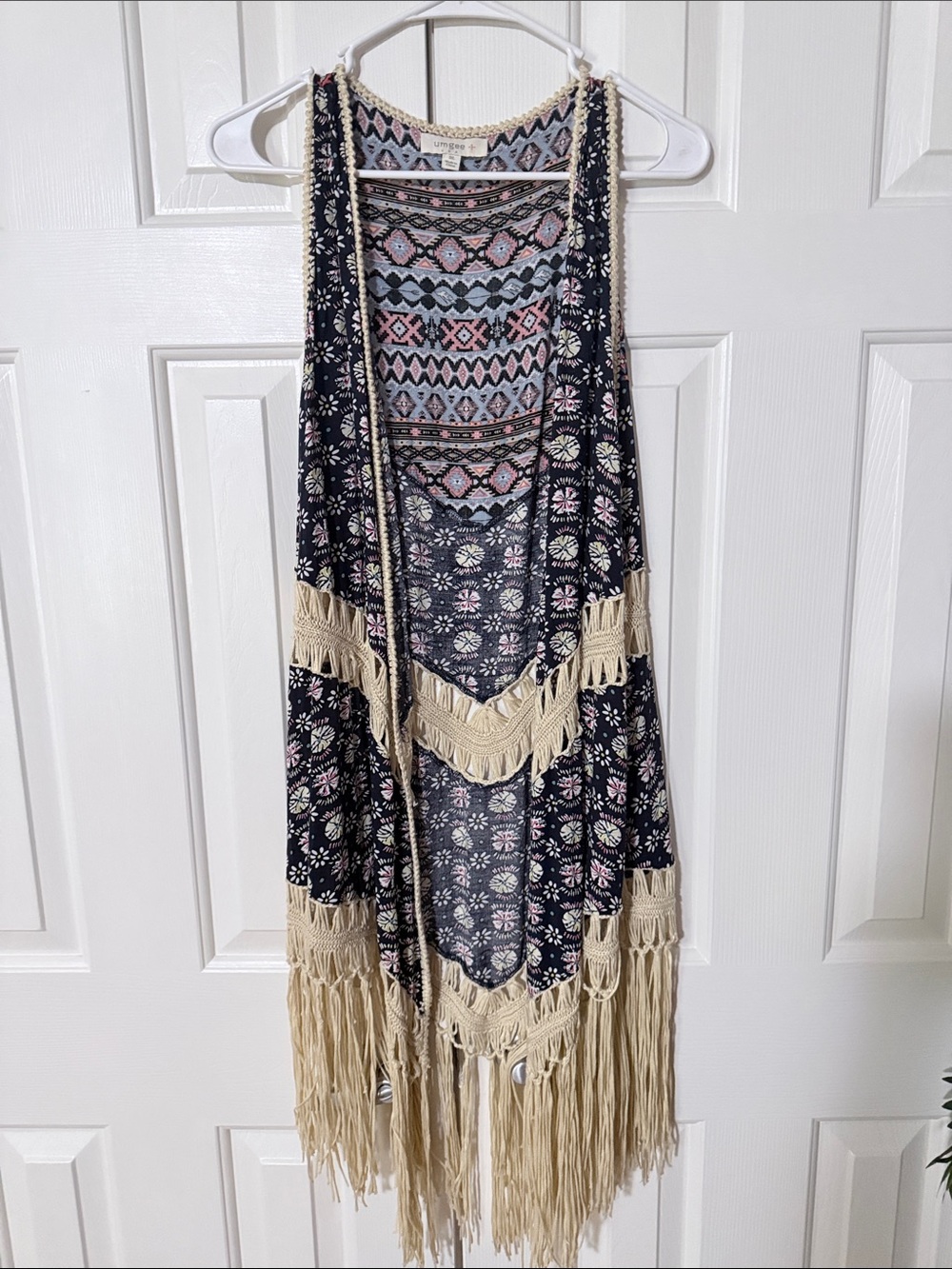 Boho Fringe Vest - Navy with Cream Trim